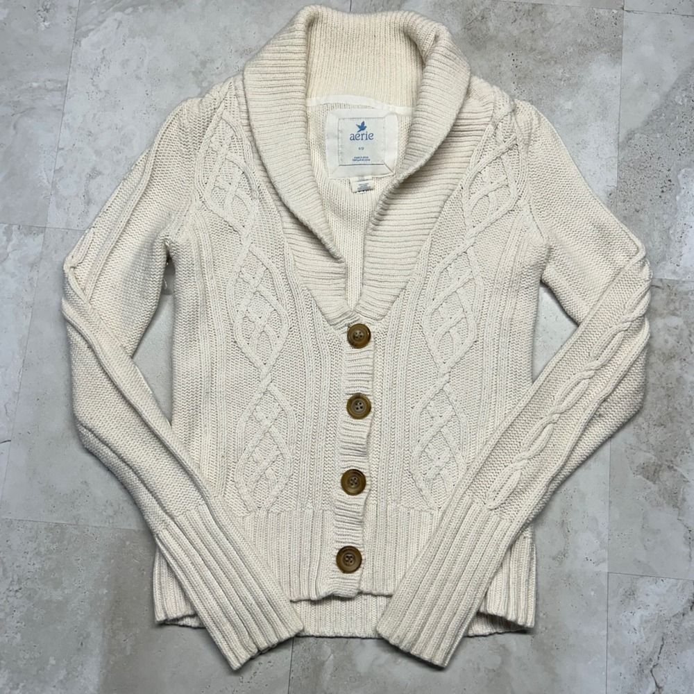 Aerie Cardigan Sweater Cream Women Small Cable Knit Shawl Collar Button Front